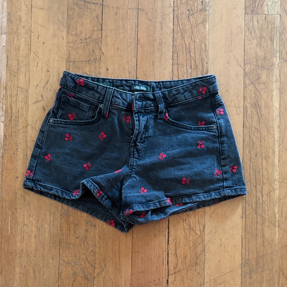 Black Denim Women’s Mid-Rise Shorts with Red Cherry Embroidery